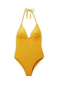 Maillot de bain jaune avec une texture côtelée, présentant un décolleté en V profond, des bretelles halter et des bords festonnés au niveau des bonnets. Ouvertures de jambes échancrées.