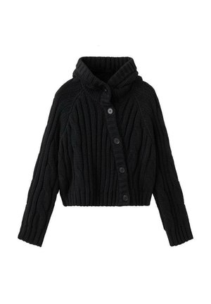 Sort cropped cardigan lavet af tekstureret strikstof, med høj krave, lange ærmer og seks store knapper foran.