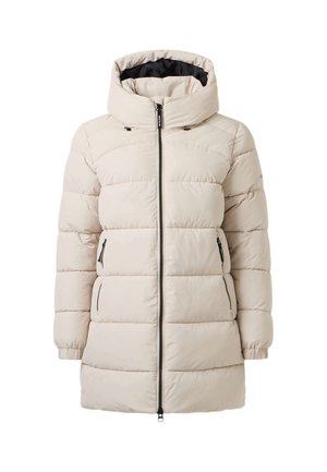 Lichtbeige gewatteerde winterjas met hoge kraag, capuchon, rits aan de voorkant en zakken met rits, ontworpen voor koud weer.