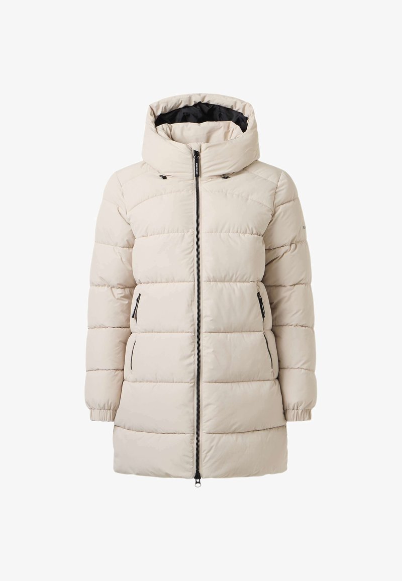 Veste d'hiver matelassée beige clair avec col montant, capuche, fermeture éclair frontale et poches zippées, conçue pour le temps froid.