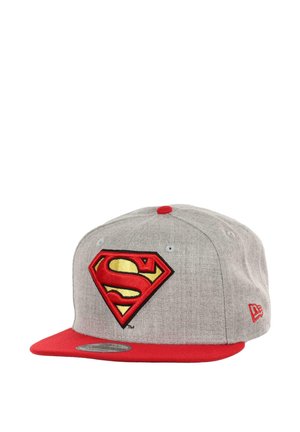 Gray snapback cap with a red visor, featuring an embroidered Superman logo in yellow and red, and red button accent on the top.