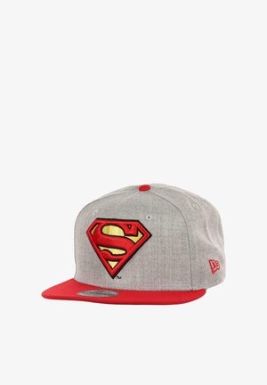 Gray snapback cap with a red visor, featuring an embroidered Superman logo in yellow and red, and red button accent on the top.