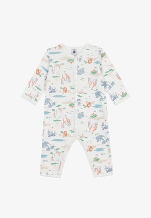 Witte lange mouw baby rompert met drukknoopjes aan de voorkant, versierd met een kleurrijk patroon van safari-dieren zoals leeuwen, giraffen, zebra's, olifanten en bomen.