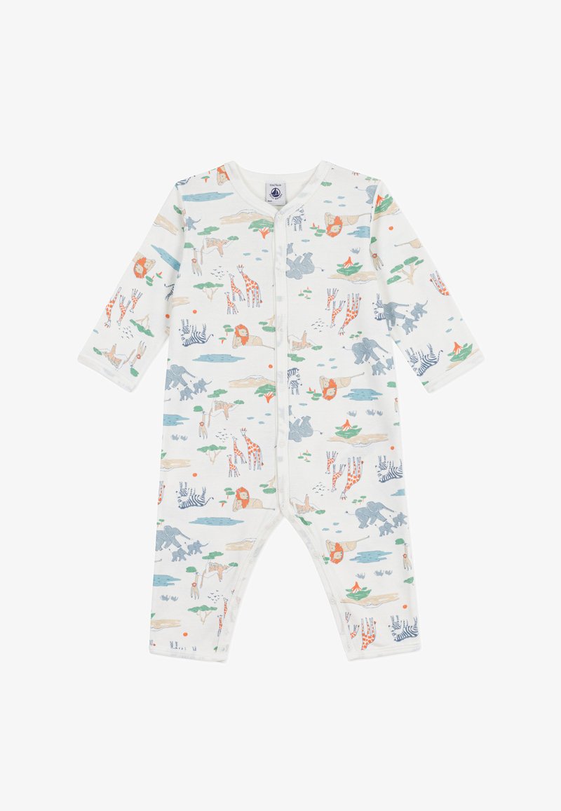 Rompers pour bébé à manches longues blanches avec des boutons-pression sur le devant, ornés d'un motif coloré d'animaux de safari tels que des lions, des girafes, des zèbres, des éléphants et des arbres.