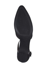 Černé kožené podpatky s špičatou špičkou, texturovanou gumovou podrážkou a detailem s přezkou na pásku. Vytlačené logo na podrážce.