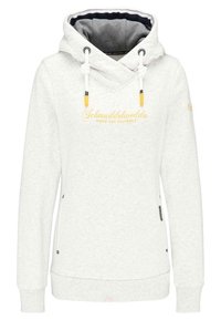 Světle šedá mikina s hlubokým výstřihem ve tvaru V, s tkaničkami se žlutými akcenty a detaily na bočních panelech. Obsahuje přední logo v žluté barvě.