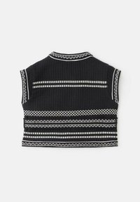 Svart ärmlös topp med ribbat mönster, prydd med vita geometriska mönster och kantband längs kragen och midjan.