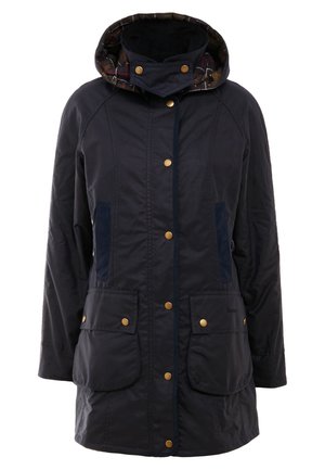 Marineblaues Outdoor-Jackett mit Kapuze, goldenen Druckknöpfen, zwei Fronttaschen und kontrastierender Karolining. Verfügt über eine glatte Textur und eine taillierte Passform.