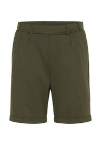 Shorts vert olive en tissu doux, avec un ourlet replié, des poches latérales et un design à l'avant plat.
