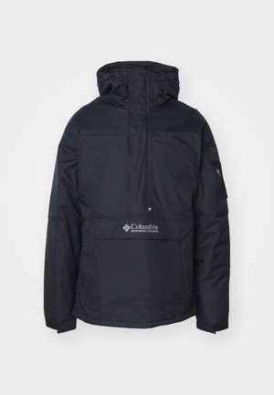 Black, hooded pullover jacket with a front pouch pocket, adjustable drawstrings, and logo detail on the lower front. Durable, water-resistant fabric.