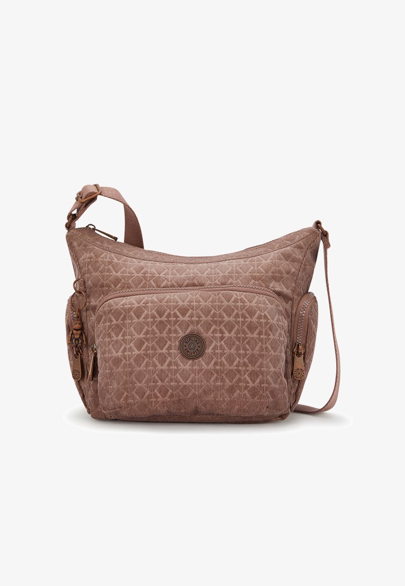 Gepolsterte Schultertasche aus weichem rose-braunem Cord. Verfügt über eine Fronttasche mit Reißverschluss, ein Logoemblem und einen verstellbaren Gurt für zusätzlichen Komfort.