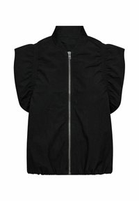 Čierna bunda na zips s vysokým stojačikom, nadýchanými krátkymi rukávmi, naškrobenými stranami a voľným strihom. Vyrobená z ľahkej textúrovanej látky.