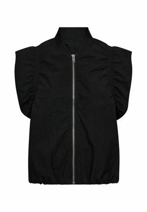 Musta vetoketjullinen takki pystokauluksella, liehuvilla lyhyillä hihoilla, sivuilta kurottu ja rento istuvuus. Valmistettu kevyestä, teksturoidusta kankaasta.