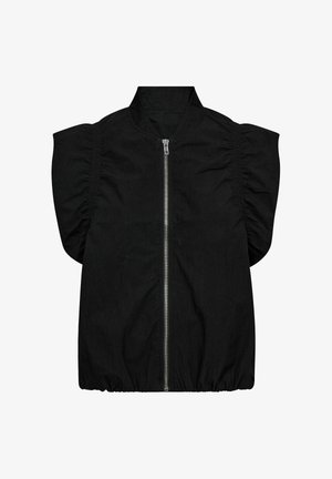 Musta vetoketjullinen takki pystokauluksella, liehuvilla lyhyillä hihoilla, sivuilta kurottu ja rento istuvuus. Valmistettu kevyestä, teksturoidusta kankaasta.