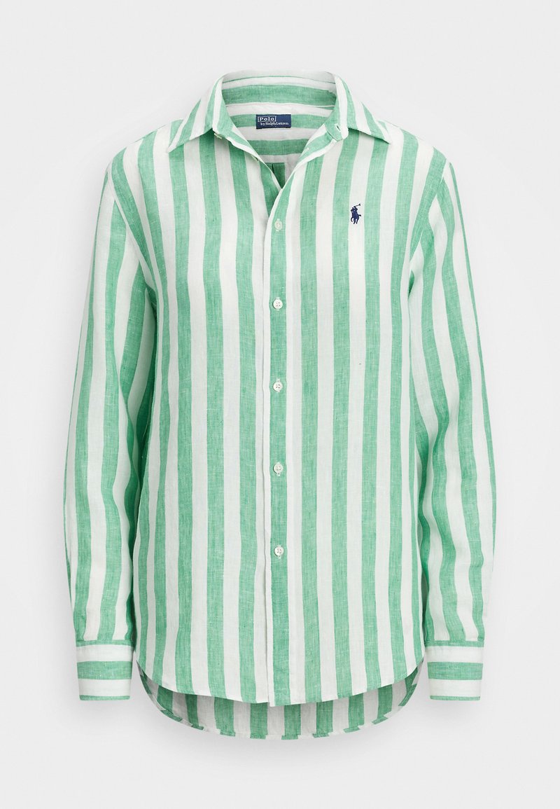 Zöld és fehér csíkos, hosszú ujjas vászonting, gombos gallérral és kis logóval a bal mellen.