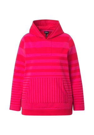 Sudadera con capucha de color rosa brillante, con rayas horizontales y verticales, que cuenta con un bolsillo frontal y una textura suave. Ajuste clásico, diseño casual.