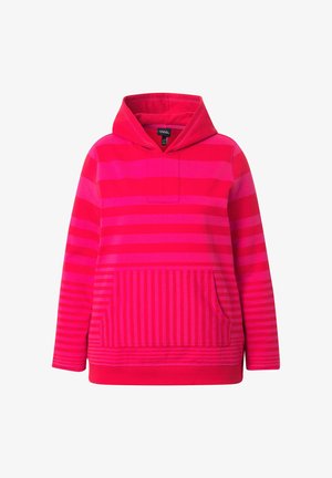 Jasnoróżowa bluza z kapturem, w poziome i pionowe paski, z kieszenią z przodu i miękką fakturą. Klasyczny krój, casualowy design.