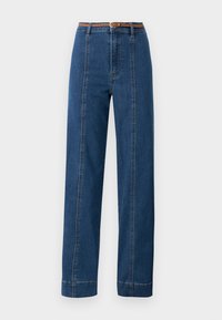 Jeans iz jeansa v temno modri barvi s ravnim krojem, visokim pasom in pletenim rjavim pasom. Imajo kontrastne stitching ob stranskih šivih.