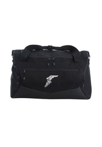 Black duffle bag made of durable fabric, featuring dual zippers, short handles, and a reflective logo. Smooth texture with structured shape.