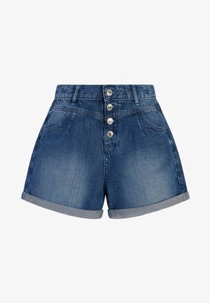 Shorts vaqueros de talle alto en azul oscuro, con cinco botones metálicos, dos bolsillos delanteros y dobladillos enrollados. Textura suave con un ligero desgaste.