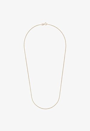 Halskette aus goldfarbenem Metall mit einem eleganten, hohlen Design und einem Karabinerverschluss. Glatte Oberfläche mit schlanker Silhouette.