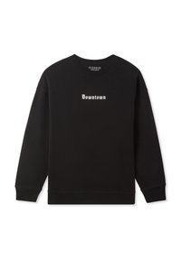 Felpa nera oversized con scollatura rotonda. Presenta il testo bianco "Downtown" in un carattere audace e decorativo sulla parte anteriore. Tessuto morbido.