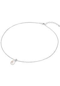 Collana in argento con un delicato design a perline e un singolo pendente a goccia in perla bianca. Presenta una chiusura e lunghezza regolabile.
