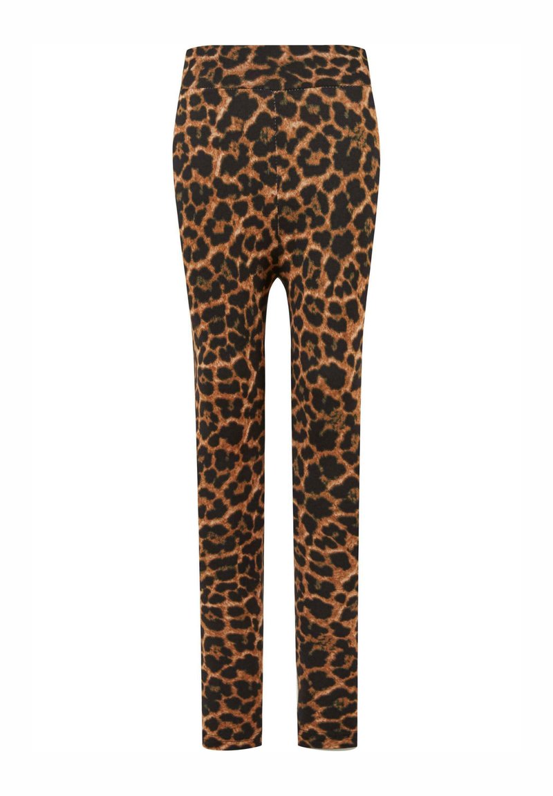 Leggins leopardikuvioilla, joissa on sileä pinta, leveä vyötärö ja kapenevat lahkeet. Pääasiassa ruskeita mustilla tachoilla.