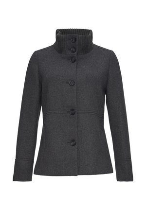 Dark grey wool blend coat with a high ribbed collar, five buttons, structured seams, and a tailored fit. Textured fabric with a herringbone pattern.