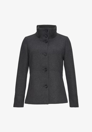 Dunkelgrauer Wollmischmantel mit hohem geripptem Kragen, fünf Knöpfen, strukturierten Nähten und taillierter Passform. Textil mit einem Fischgrätenmuster.