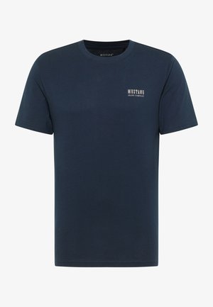 Dunkelblaue Baumwoll-T-Shirt mit Rundhalsausschnitt, kurzen Ärmeln und einem kleinen weißen Logo auf der linken Brust. Normale Passform, glatte Textur.