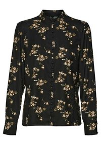 Schwarze Bluse mit langen Ärmeln aus glattem Material, mit einem floralen Muster in Creme, Beige und Grün. Mit Stehkragen und Knopfverschluss.