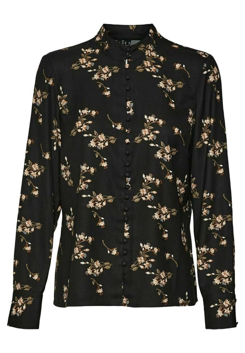 Schwarze Bluse mit langen Ärmeln aus glattem Material, mit einem floralen Muster in Creme, Beige und Grün. Mit Stehkragen und Knopfverschluss.