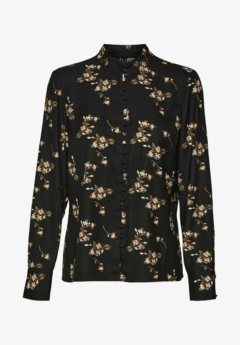 Schwarze Bluse mit langen Ärmeln aus glattem Material, mit einem floralen Muster in Creme, Beige und Grün. Mit Stehkragen und Knopfverschluss.