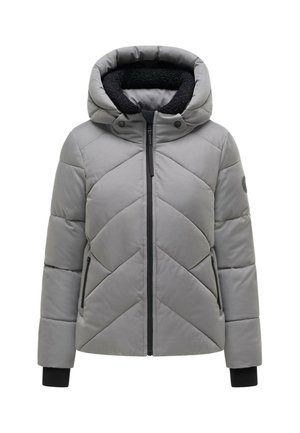 Grau wattierte Winterjacke mit schwarzem Innenfutter der Kapuze, Frontreißverschluss, Seitentaschen und schwarzen Bündchen am Handgelenk.