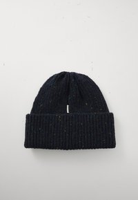 Dark blue ribbed knit beanie with multicolored specks and a folded brim on a plain white background.