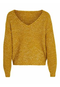 Senfgelb gestrickter Pullover mit V-Ausschnitt, lockerer Passform und langen Ärmeln, aus strukturiertem Stoff mit dezenten Farbvariationen.