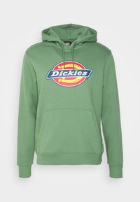 Sudadera con capucha verde hecha de una mezcla de algodón, con un gran logotipo circular en rojo y azul en el frente, bolsillo tipo canguro y puños de canalé.