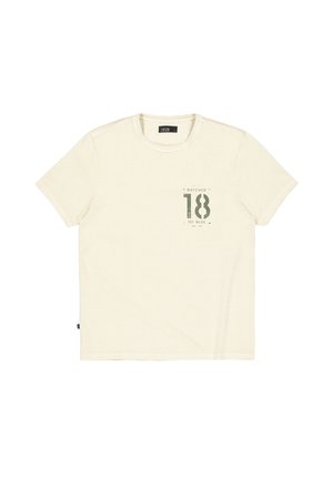 Cremfarbendes Baumwoll-T-Shirt mit kurzen Ärmeln, das einen grünen Grafikdruck im linken Brustbereich und ein Rundhalsdesign aufweist.