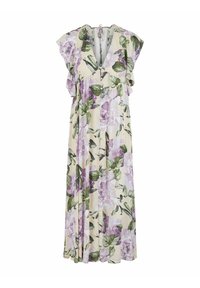 Robe maxi à fleurs avec un fond crème, des motifs de pivoines violettes, un décolleté en V, des manches volantées et un lien à nouer dans le dos.