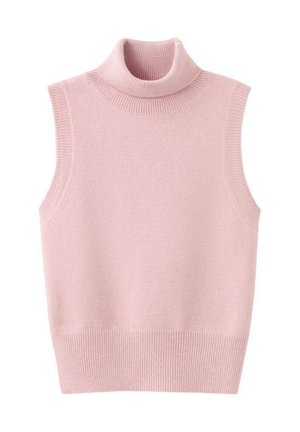 Pulover fără mâneci cu guler înalt, de culoare roz pal. Confecționat din țesătură tricotată cu margini cu dungi. Are un guler înalt și o croială ușor mulată.
