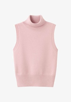 Bezrękawnik z golfem w kolorze delikatnego różu. Wykonany z dzianinowej tkaniny z prążkowanymi wykończeniami. Posiada wysoki kołnierz i lekko dopasowany krój.