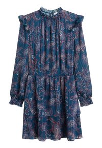 Robe à manches longues en bleu sarcelle foncé avec un col à volants, des poignets élastiques et un imprimé cachemire dans des tons de bordeaux et blanc, en tissu texturé.