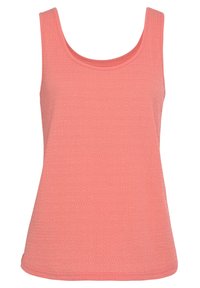 Korallfarbener Tank-Top aus strukturiertem Stoff, mit Rundhalsausschnitt, breiten Trägern und einer taillierten Silhouette mit einem dezenten Muster.