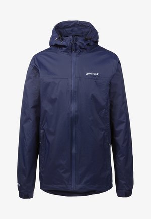 Chaqueta de lluvia azul marino con capucha, cremallera completa en la parte delantera, capucha ajustable, bolsillos laterales y logo de Whistler en el pecho izquierdo.