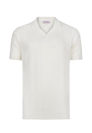 Weißes, kurzärmeliges Strick-Poloshirt mit strukturiertem Zickzackmuster und V-Ausschnitt, Marke Felix Hardy.