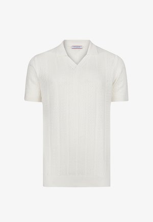Polo bianca a maniche corte in maglia con motivo a zigzag testurizzato e colletto a V, etichettata Felix Hardy.