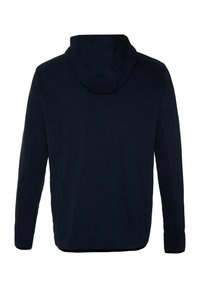Hoodie marine avec une texture douce et lisse, des manches longues et une capuche ajustable et ajustée. Design simple sans logos ni motifs visibles.