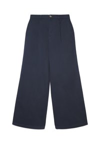 Marineblaue Hose mit weitem Bein aus glattem Stoff, ausgestattet mit Knopfverschluss, vorne mit Falten und entspanntem Schnitt für Komfort.