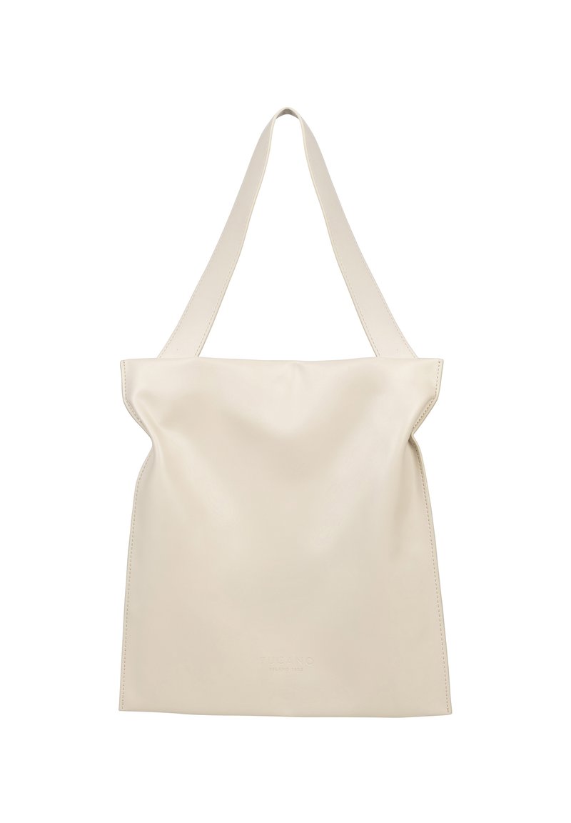 Borsa tote in pelle crema con un design morbido, due spallacci piatti e un logo embossato discreto in basso. Texture liscia.